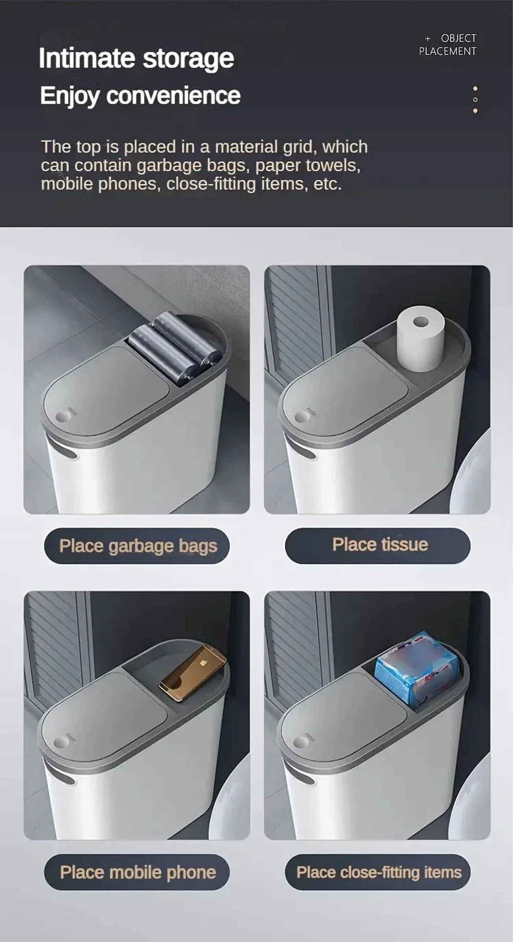 Plastic Trash Can with Lid Compact Press-Type Top Space-Saving Design for Bathroom Kitchen Living Room