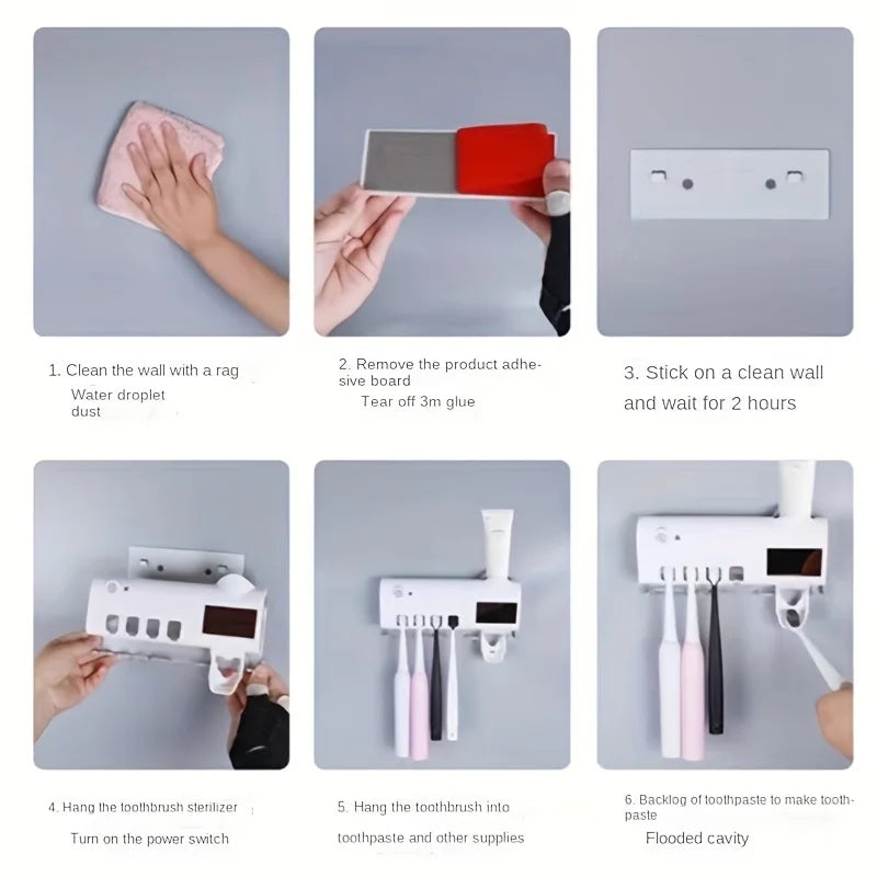 White Smart Toothbrush Holder Auto Dispenser USB Charging Wall Mount