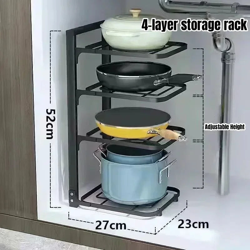 Kitchen Under Sink Pot Holder Multilayer Frying Pan Rice Cooker Seasoning Storage Rack Adjustable Stainless Steel Organizer