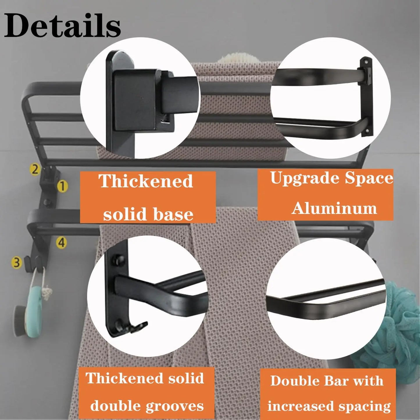 50CM Matte Black Folding Holder With Hook ,Towel Holder, Wall Mount Aluminum Towel Rack