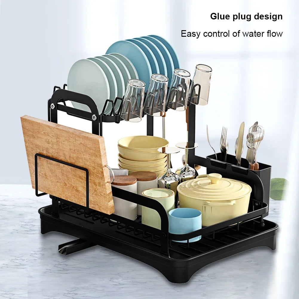 New 360° rotating storage rack double-layer kitchen tableware drying rack with drain