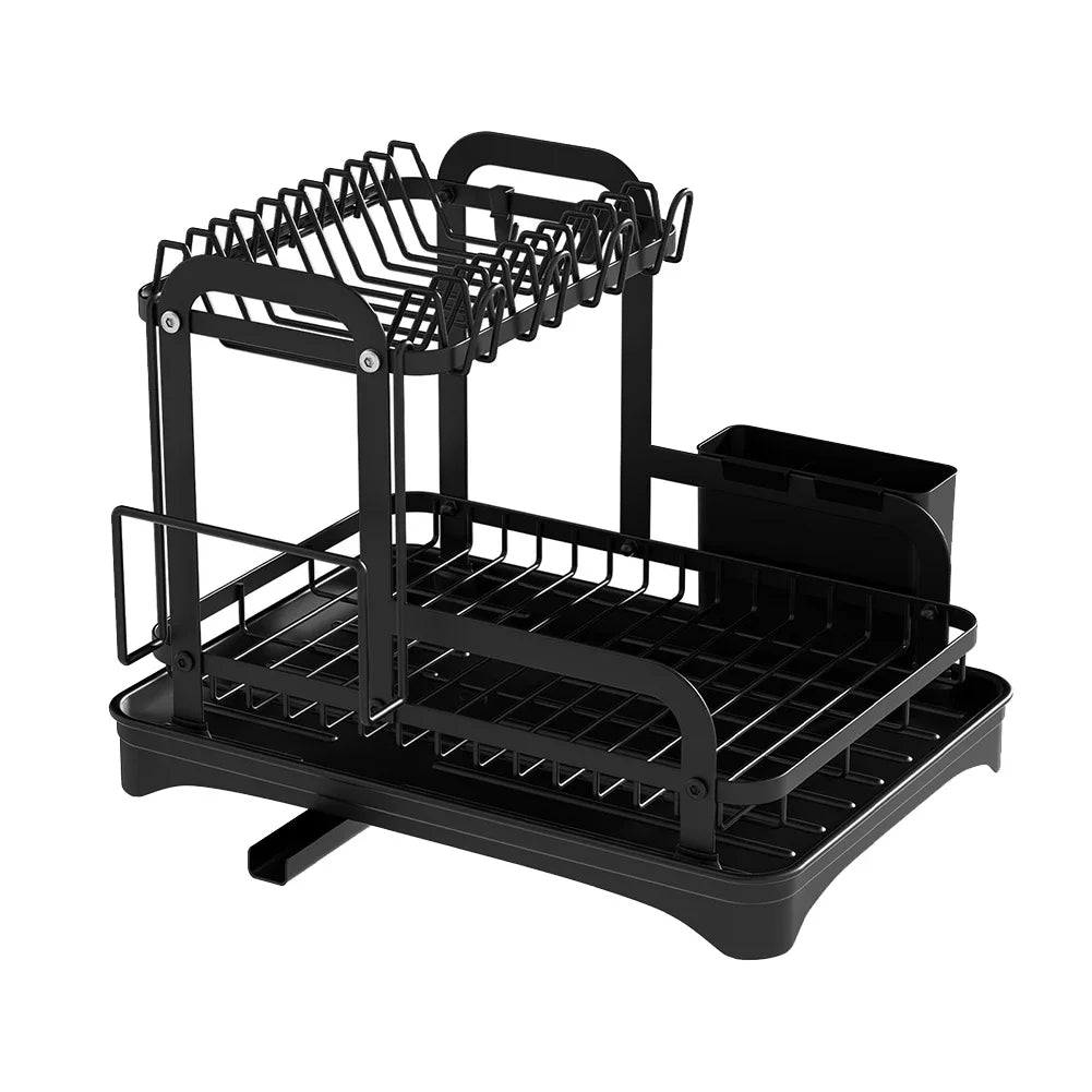 New 360° rotating storage rack double-layer kitchen tableware drying rack with drain