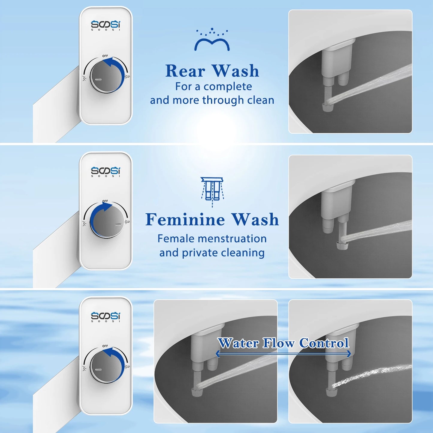 Non-Electric Bidet Toilet Seat Attachment with Pressure Controls, Retractable Self-Cleaning Dual Nozzles for Frontal & Rear Wash