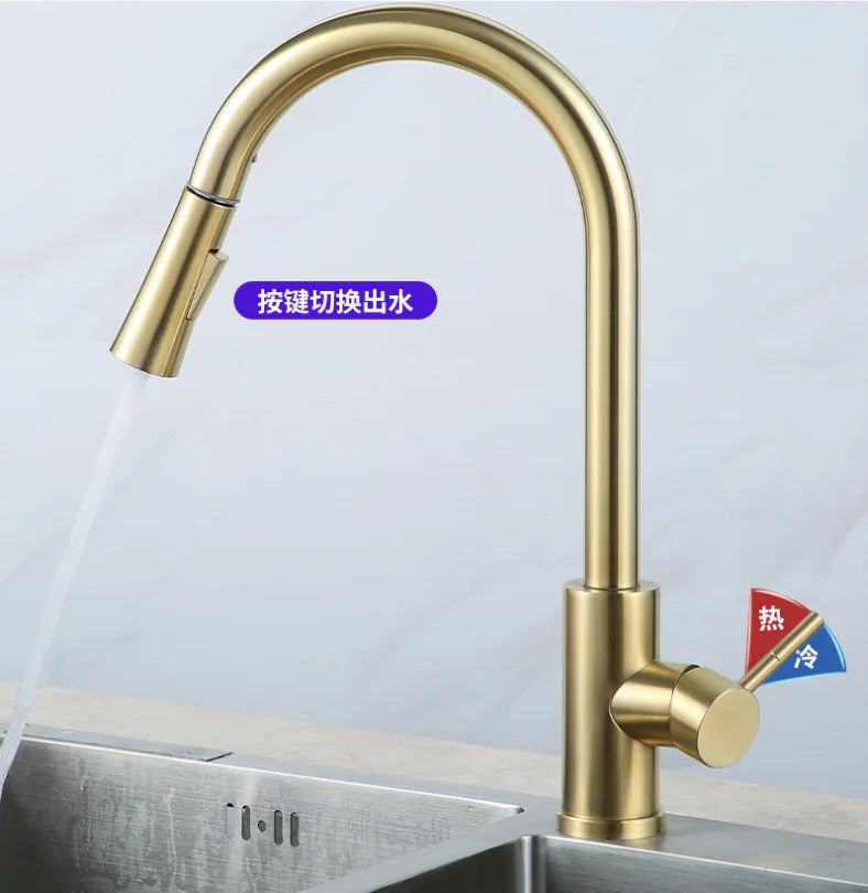 Stainless Steel Hot Cold Water Faucet Gold Pull-out Sprayer Single Handle