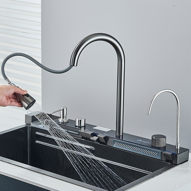Digital Display Waterfall Sink Single Bowl Kitchen Sinks - Stainless Steel