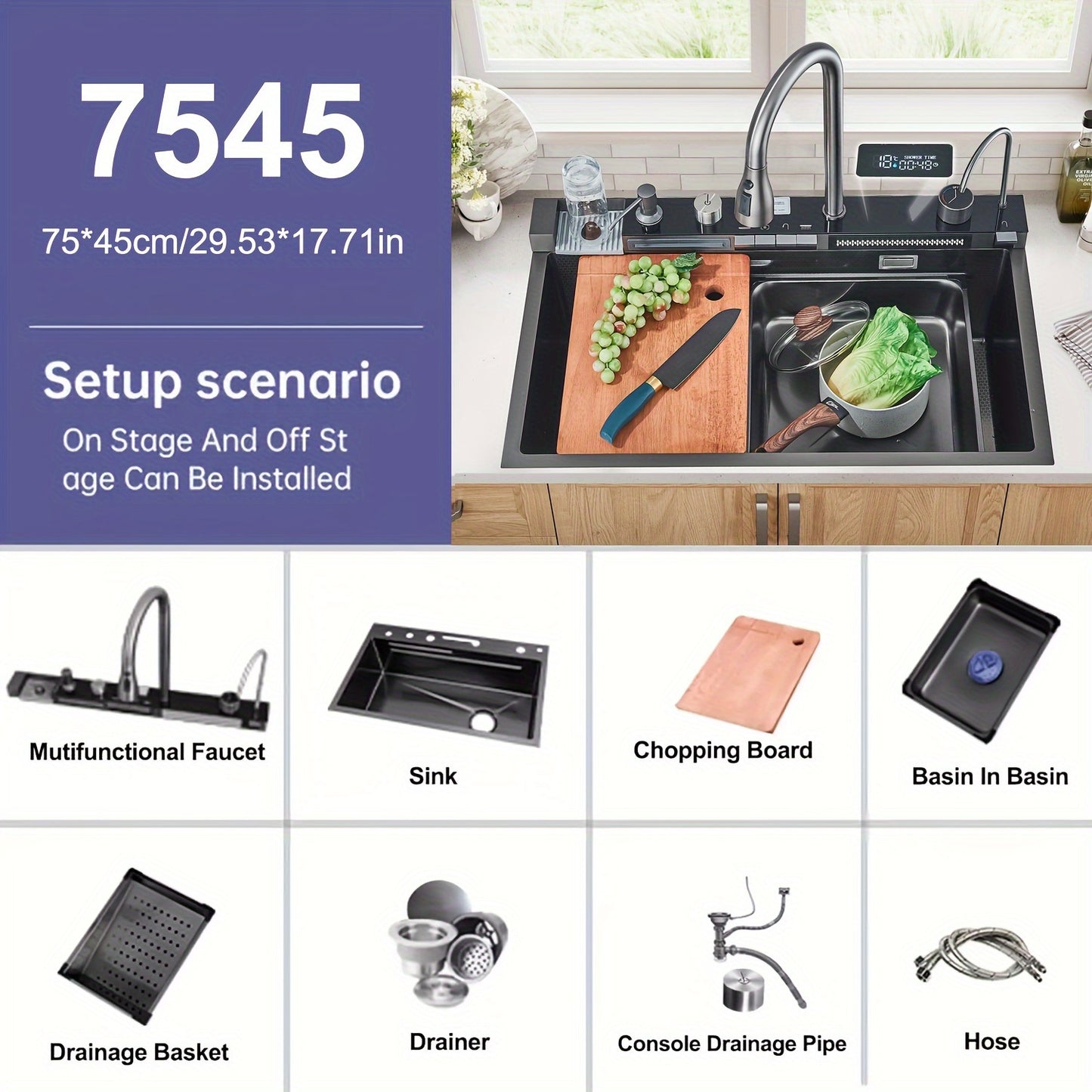 Digital Display Waterfall Sink Single Bowl Kitchen Sinks - Stainless Steel