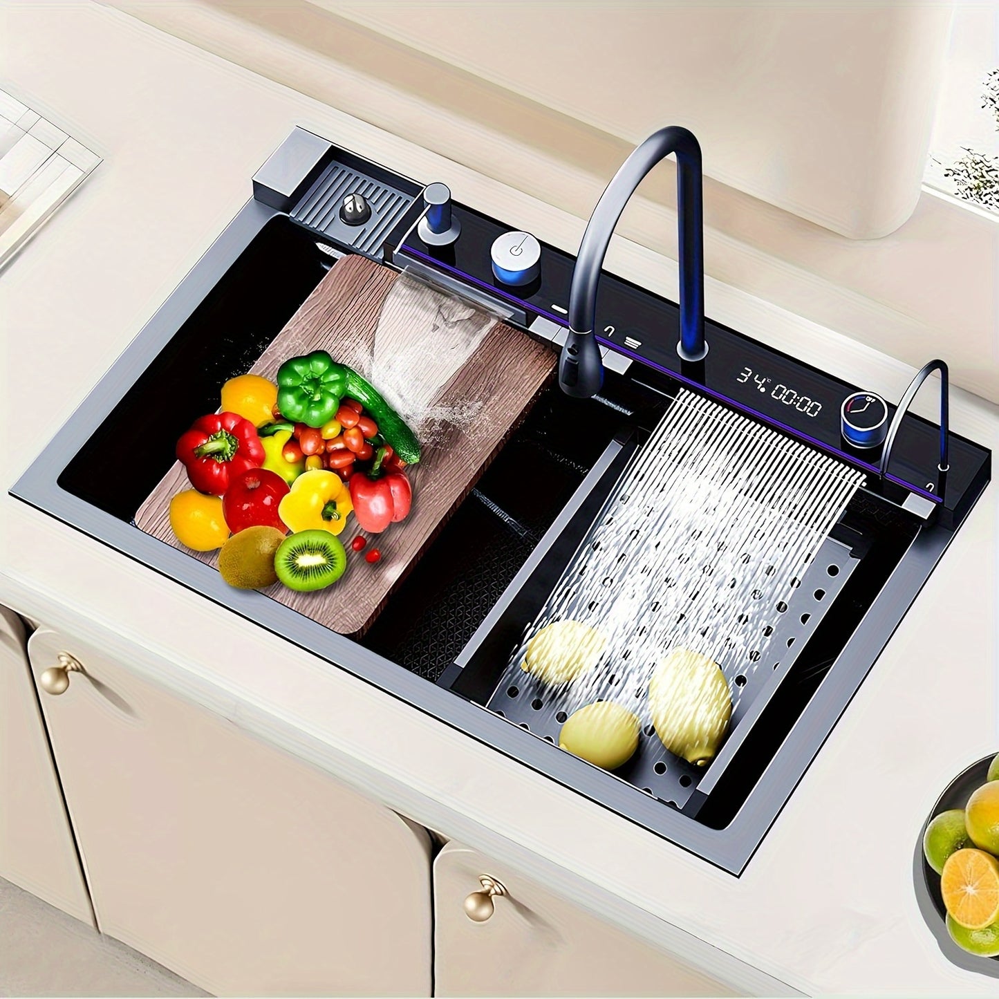 Digital Display Waterfall Sink Single Bowl Kitchen Sinks - Stainless Steel